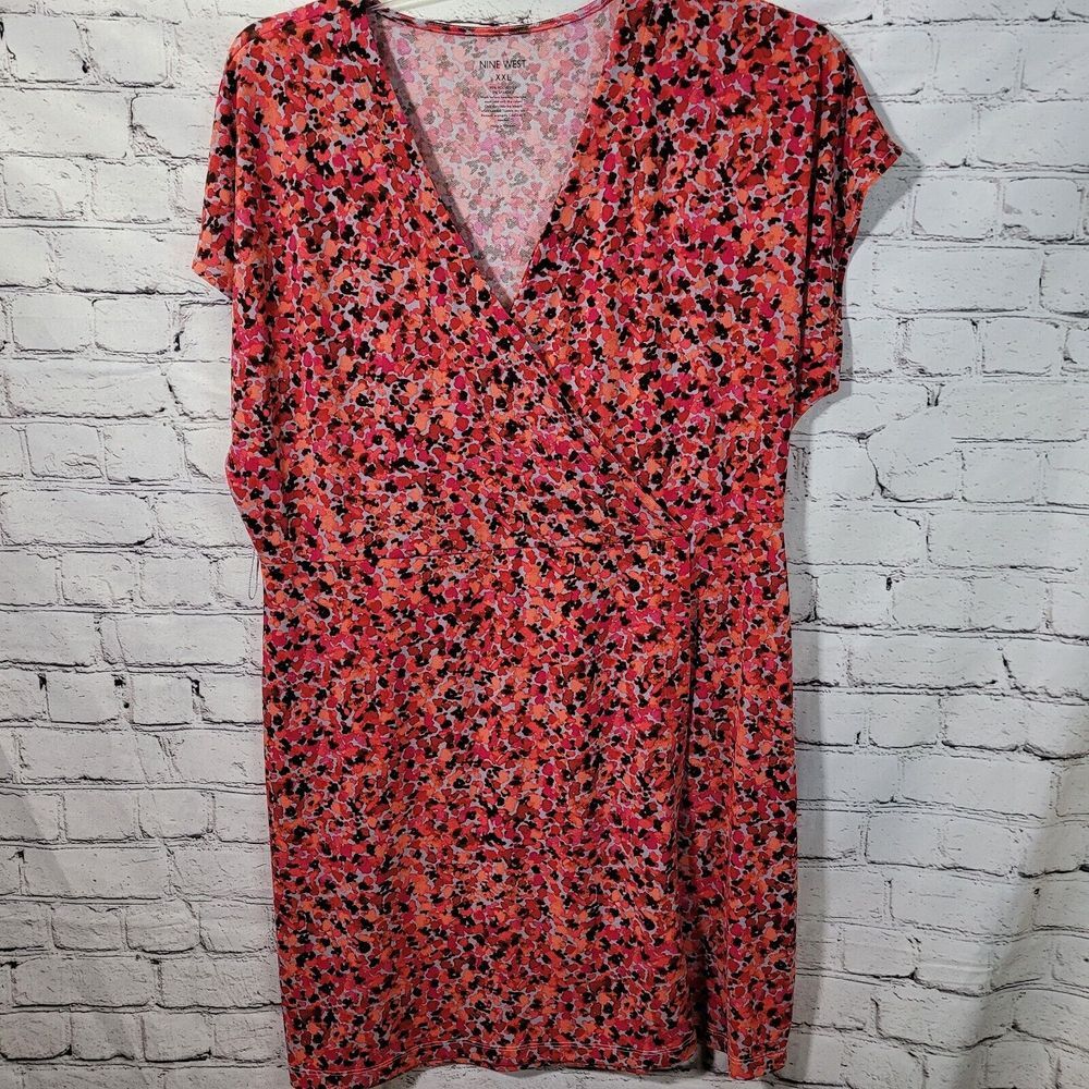 Nine West Faux Wrap Dress Womens XXL Pink Orange Excellent Abstract Print V-Neck